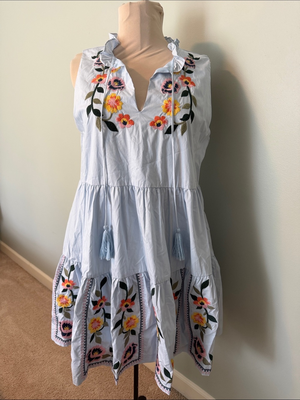 Anthropologie Light Blue Floral Embroidered Tiered Sundress